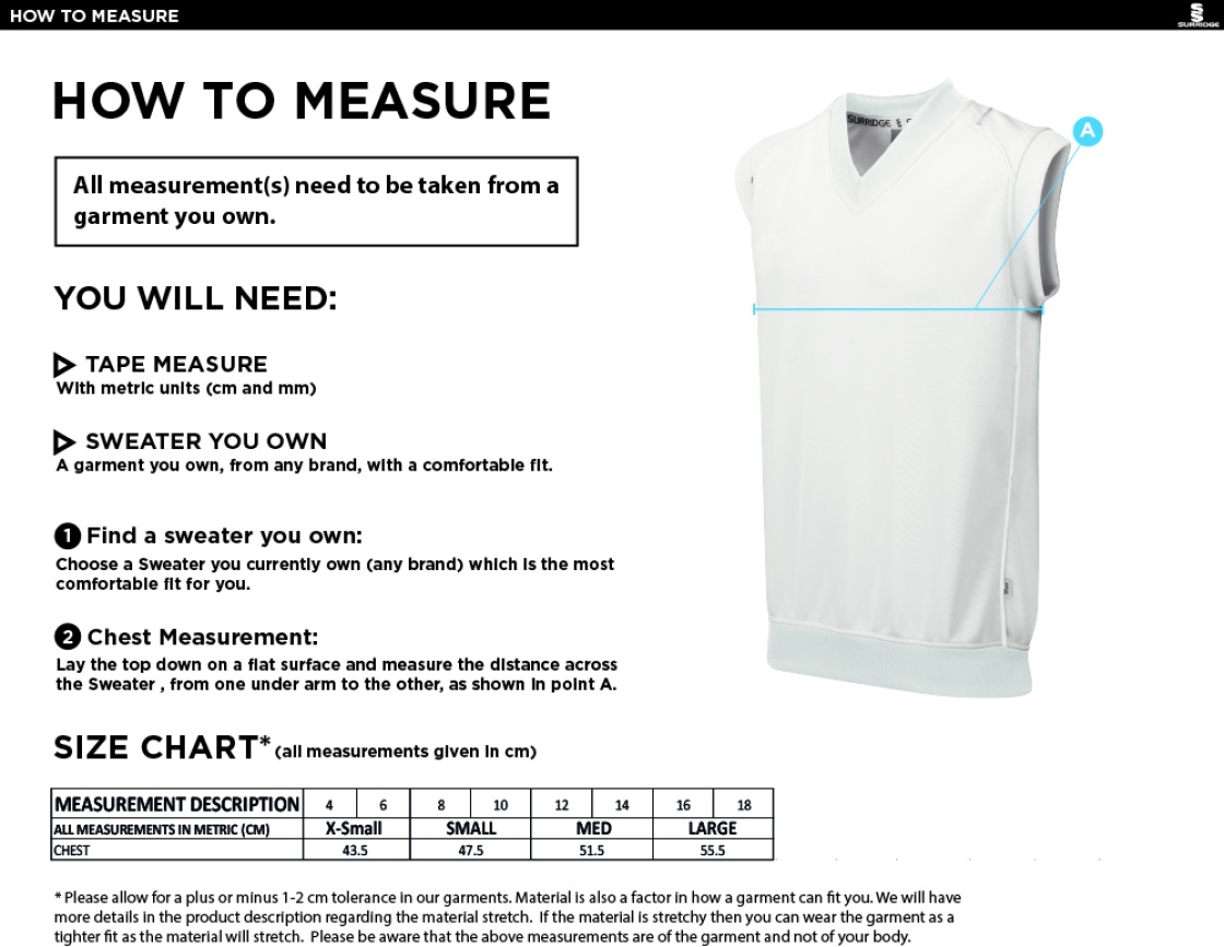 Westcott Cricket Club - Blast Sleeveless Women's Cricket Sweater - Size Guide