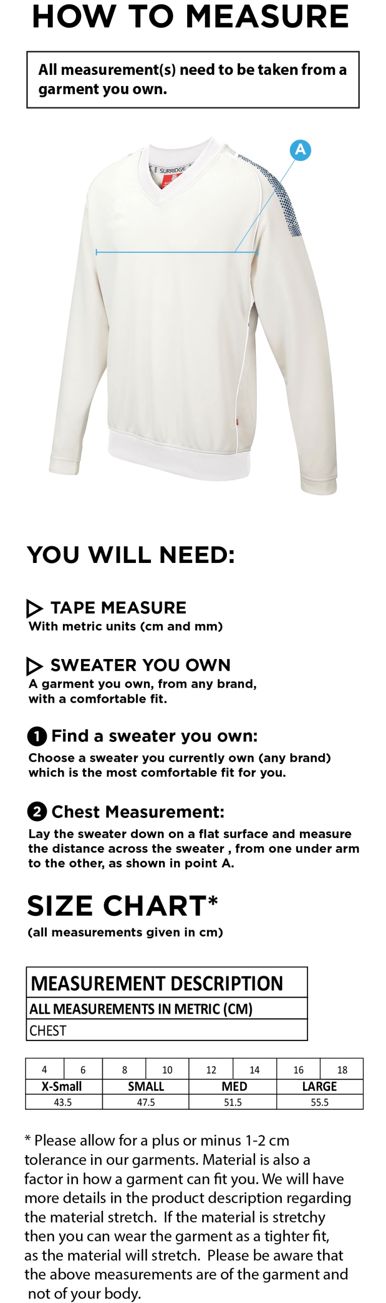 Westcott Cricket Club - Blast Long Sleeve Women's Cricket Sweater - Size Guide