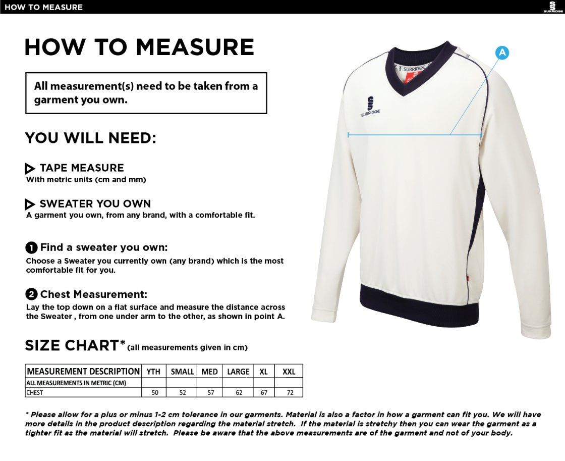 Westcott Cricket Club - L/S Sweater - Size Guide