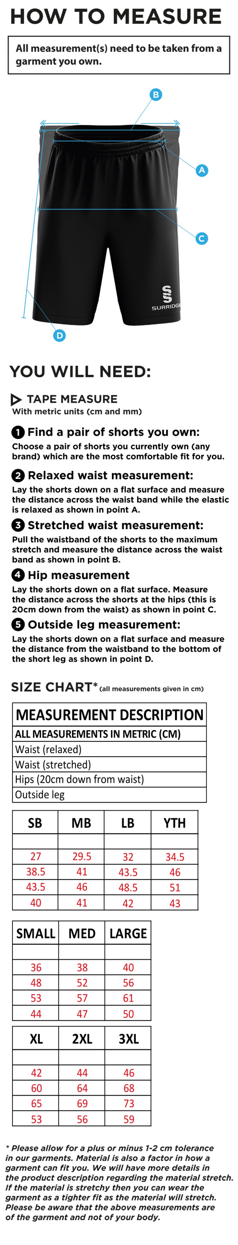 Westcott Cricket Club - Blade Shorts - Size Guide