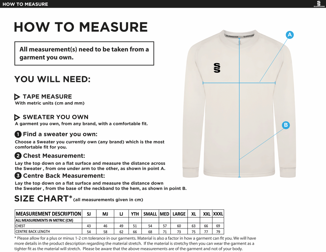 Westcott Cricket Club - Blast Long Sleeve Cricket Sweater - Size Guide