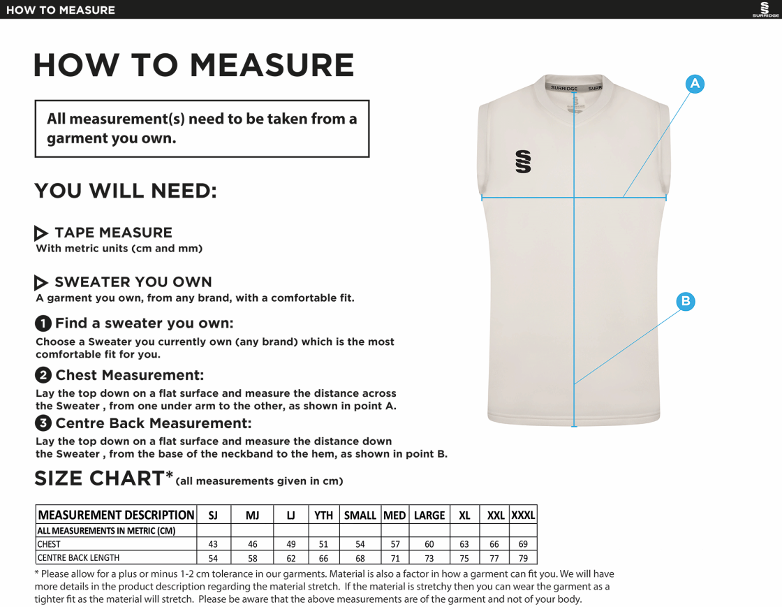 Westcott Cricket Club - Blast Sleeveless Cricket Sweater - Size Guide