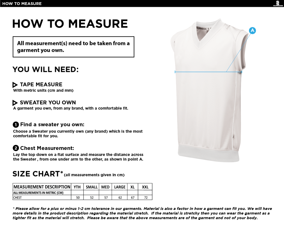 Westcott Cricket Club - Sleeveless Sweater - Size Guide