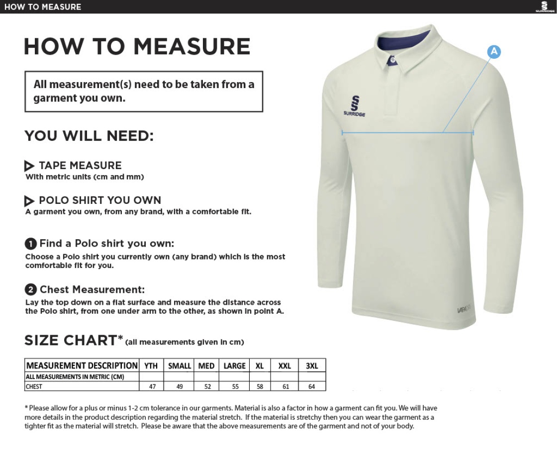 Westcott Cricket Club- L/S Cricket Shirt - Size Guide