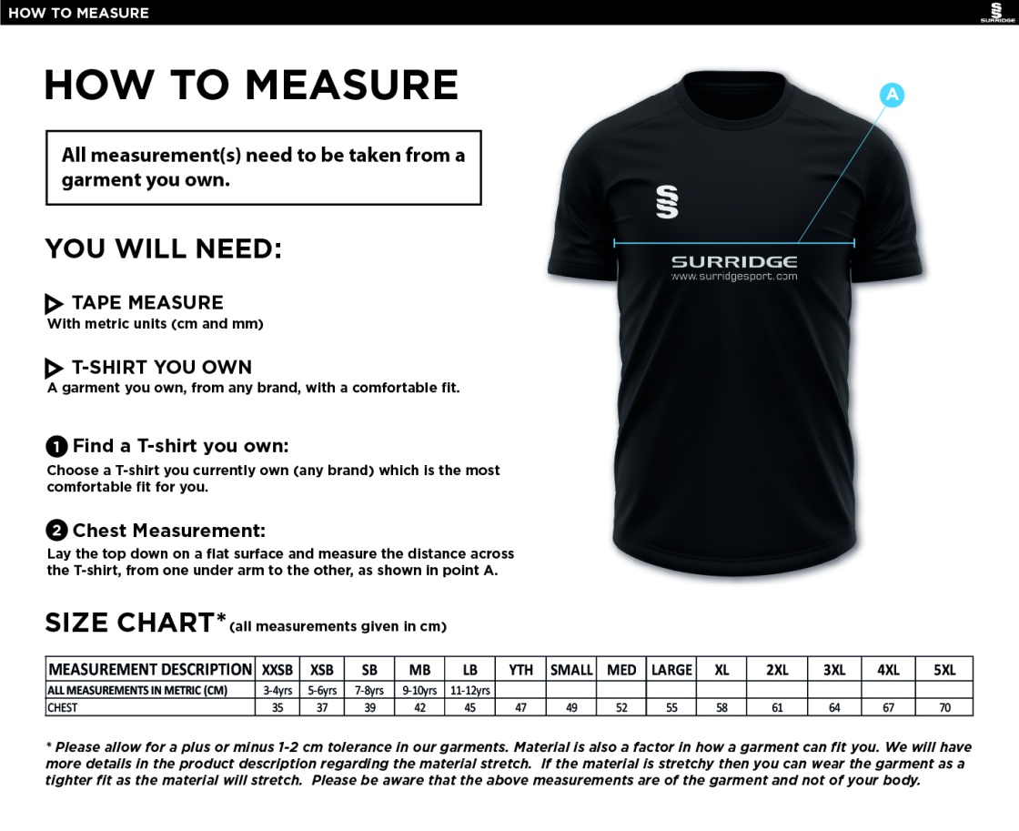 Westcott Cricket Club - Polo Shirt - Size Guide