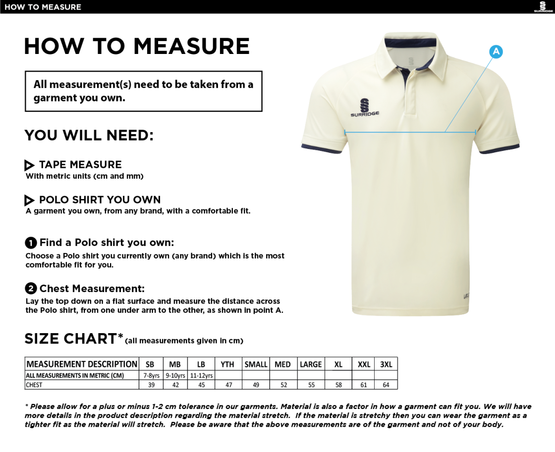 Westcott Cricket Club - S/S Cricket Shirt - Size Guide