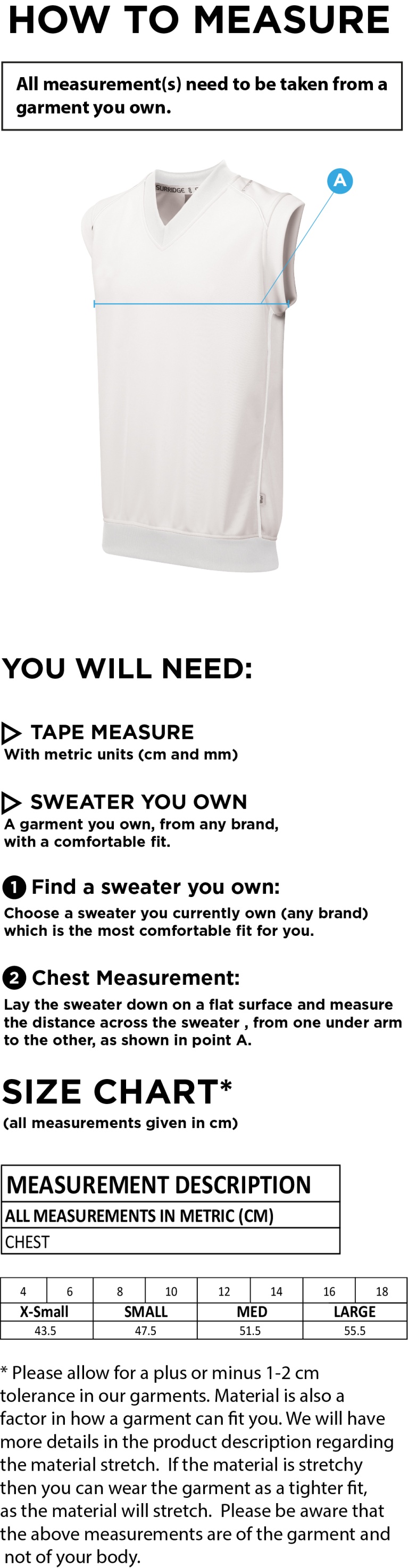 Westcott Cricket Club - Blast Sleeveless Women's Cricket Sweater - Size Guide