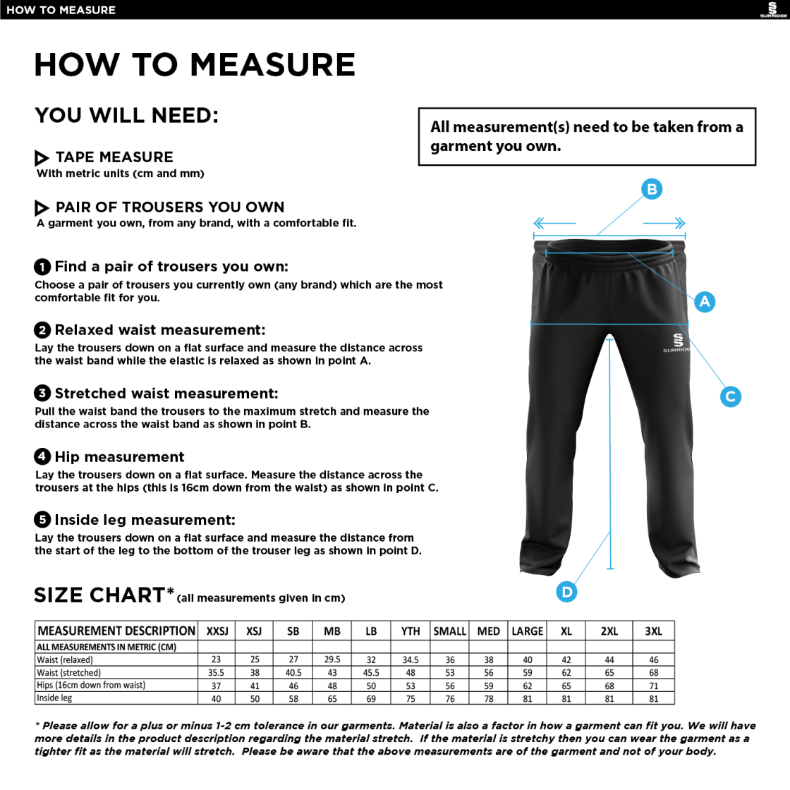 Westcott Cricket Club - Poplin Track Pant - Size Guide