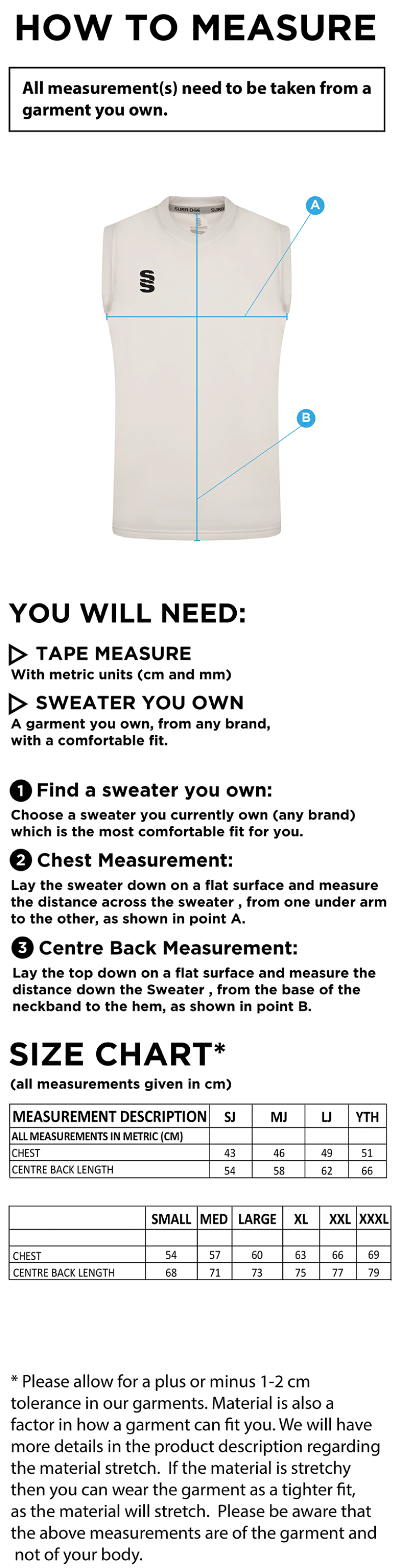 Westcott Cricket Club - Blast Sleeveless Cricket Sweater - Size Guide