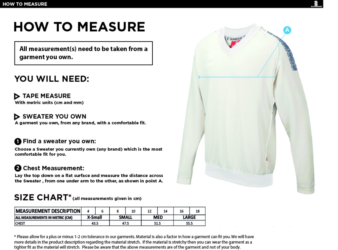 Westcott Cricket Club - Blast Long Sleeve Women's Cricket Sweater - Size Guide