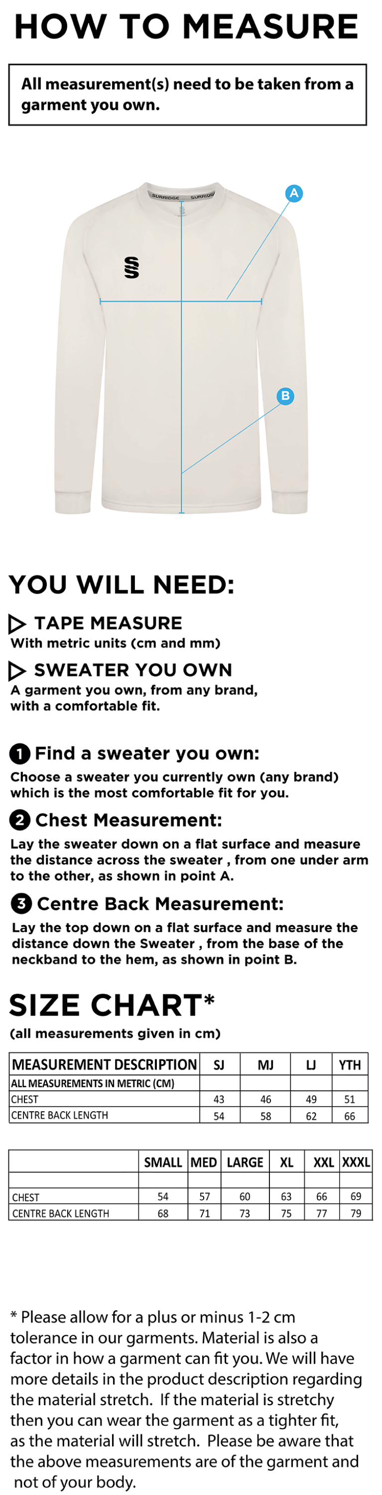 Westcott Cricket Club - Blast Long Sleeve Cricket Sweater - Size Guide