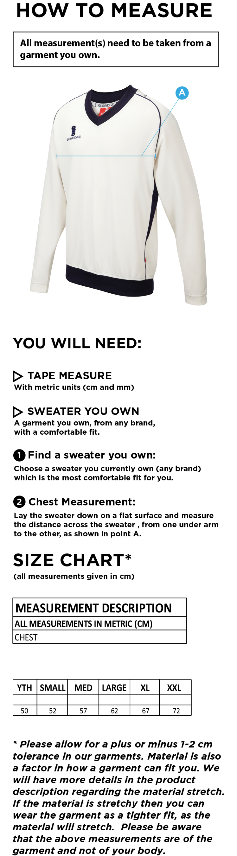 Westcott Cricket Club - L/S Sweater - Size Guide