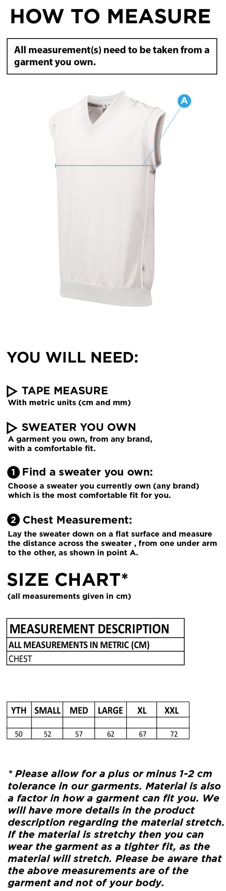 Westcott Cricket Club - Sleeveless Sweater - Size Guide