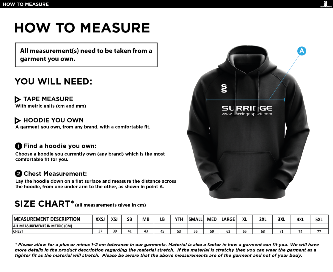 Westcott Cricket Club - Blade Hoody - Size Guide