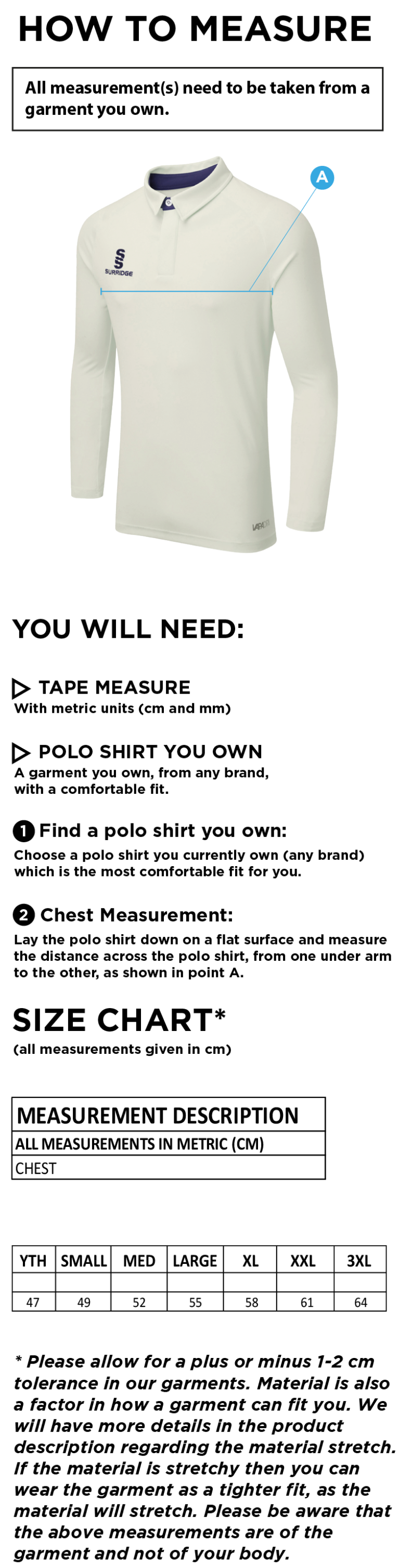 Westcott Cricket Club- L/S Cricket Shirt - Size Guide