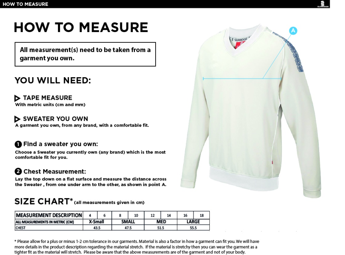 Westcott Cricket Club - Blast Long Sleeve Women's Cricket Sweater - Size Guide