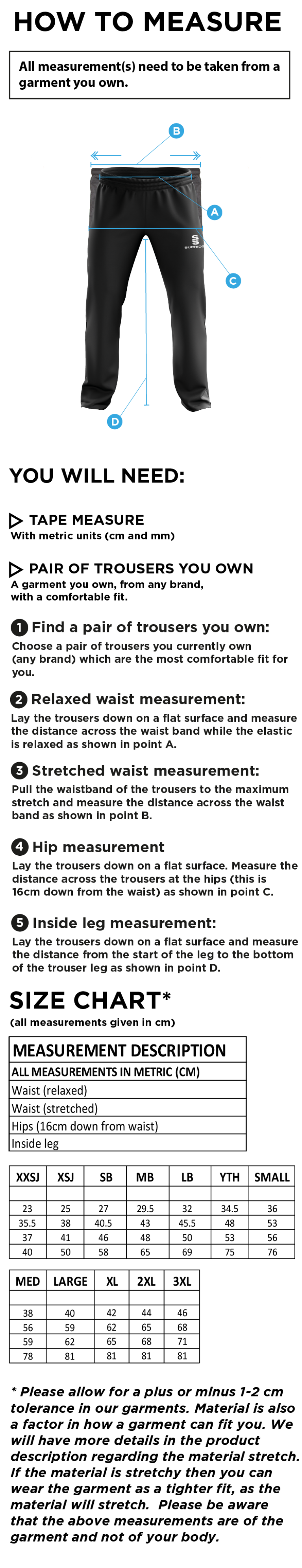Westcott Cricket Club - Poplin Track Pant - Size Guide