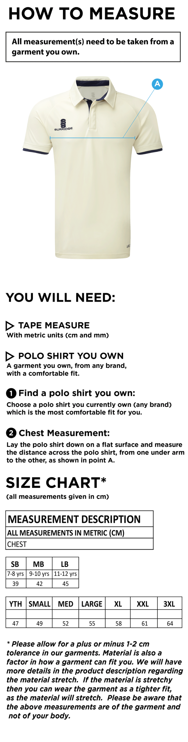 Westcott Cricket Club - S/S Cricket Shirt - Size Guide